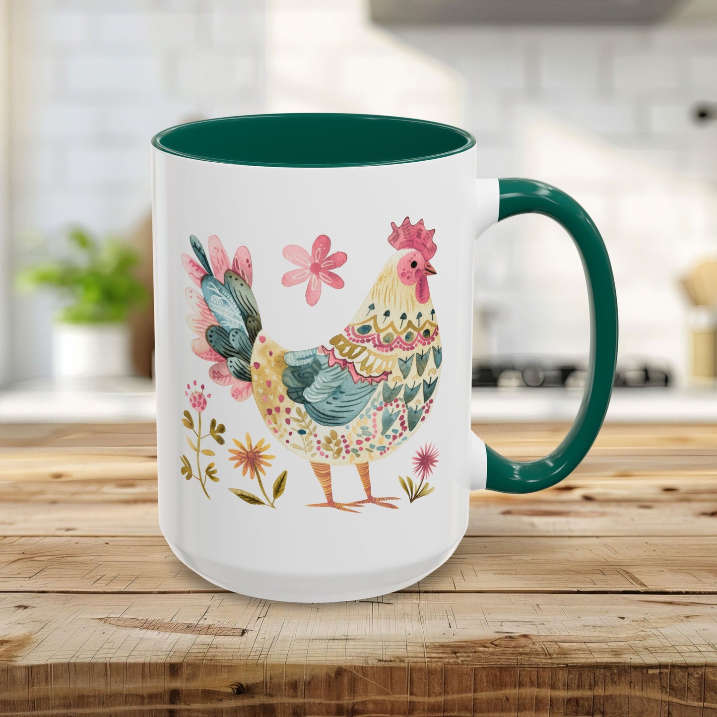 15oz white ceramic mug with a green interior/handle and a colorful watercolor rooster design.
