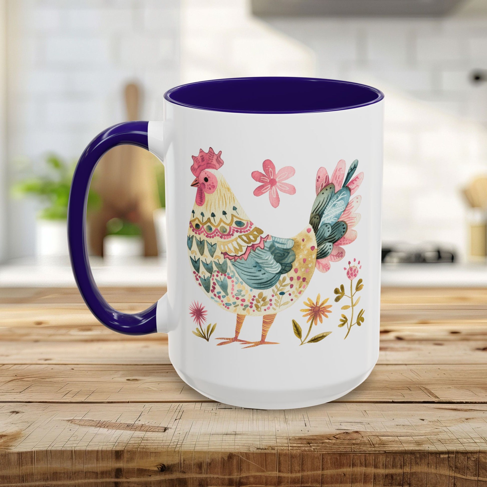 White ceramic mug with a colorful watercolor folk art rooster and floral accents, featuring a purple handle and interior.