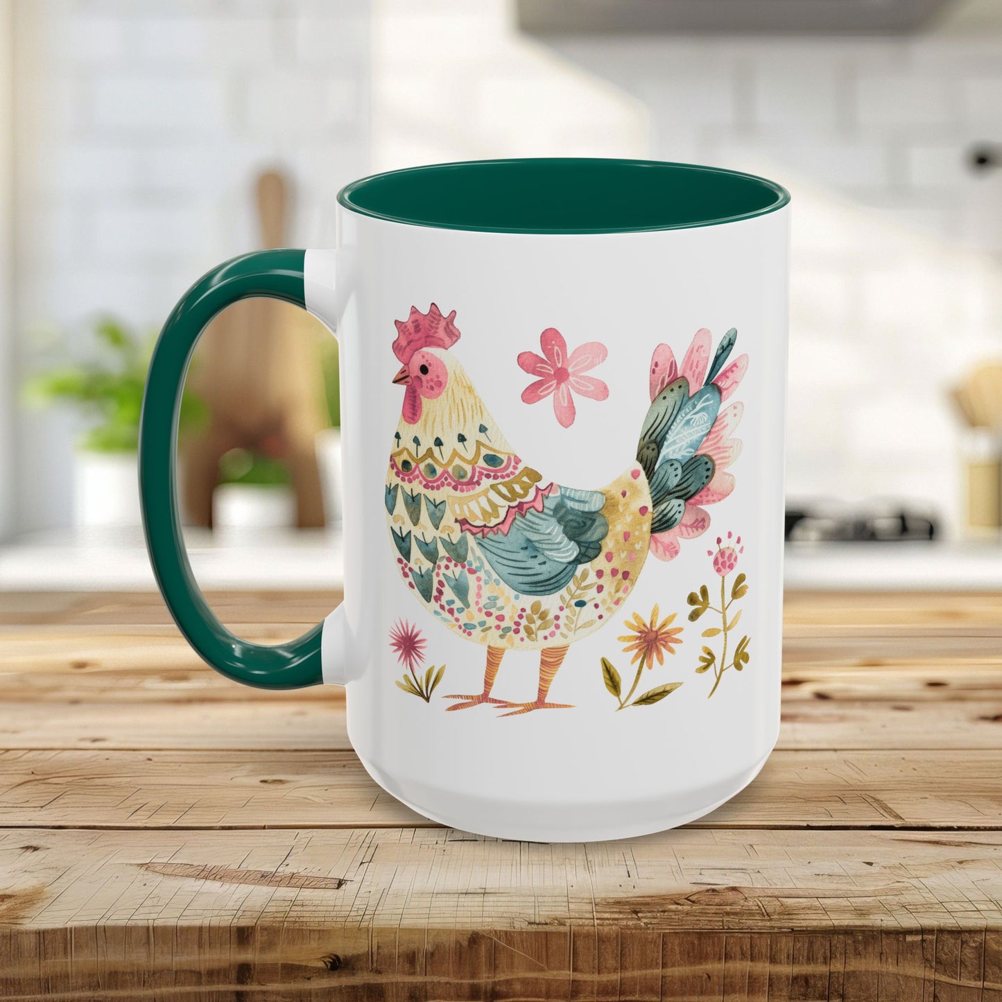 White ceramic mug with a colorful watercolor folk art rooster and floral design, featuring a green handle and interior.