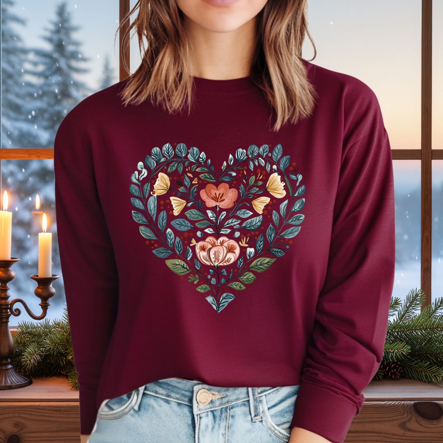 Folk Art Floral Valentine's Heart Long Sleeve Tee