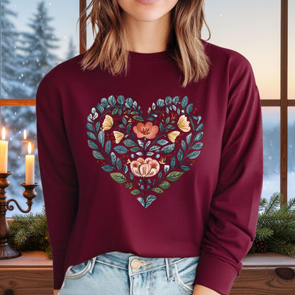 Folk Art Floral Valentine's Heart Long Sleeve Tee