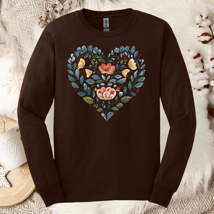 Folk Art Floral Valentine's Heart Long Sleeve Tee
