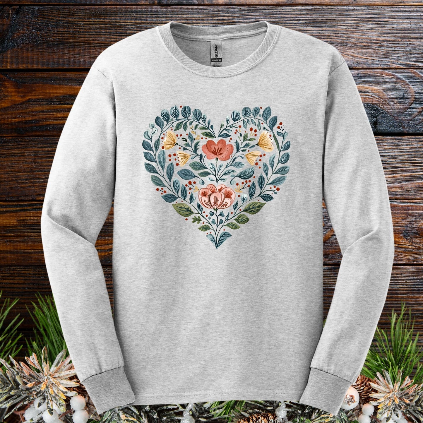 Folk Art Floral Valentine's Heart Long Sleeve Tee