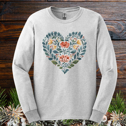 Folk Art Floral Valentine's Heart Long Sleeve Tee