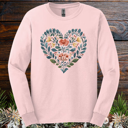 Folk Art Floral Valentine's Heart Long Sleeve Tee
