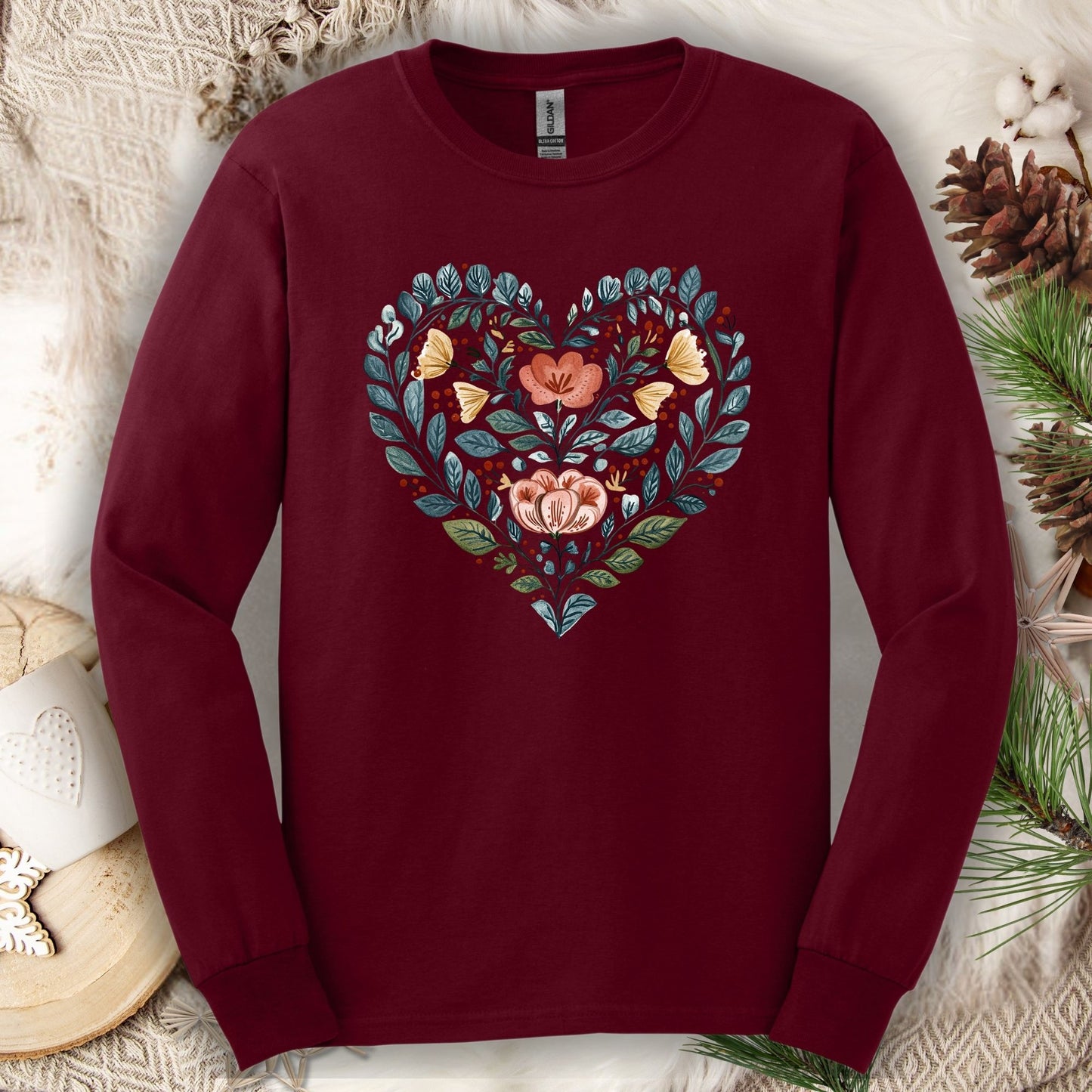 Folk Art Floral Valentine's Heart Long Sleeve Tee