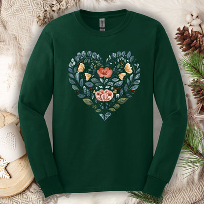Folk Art Floral Valentine's Heart Long Sleeve Tee