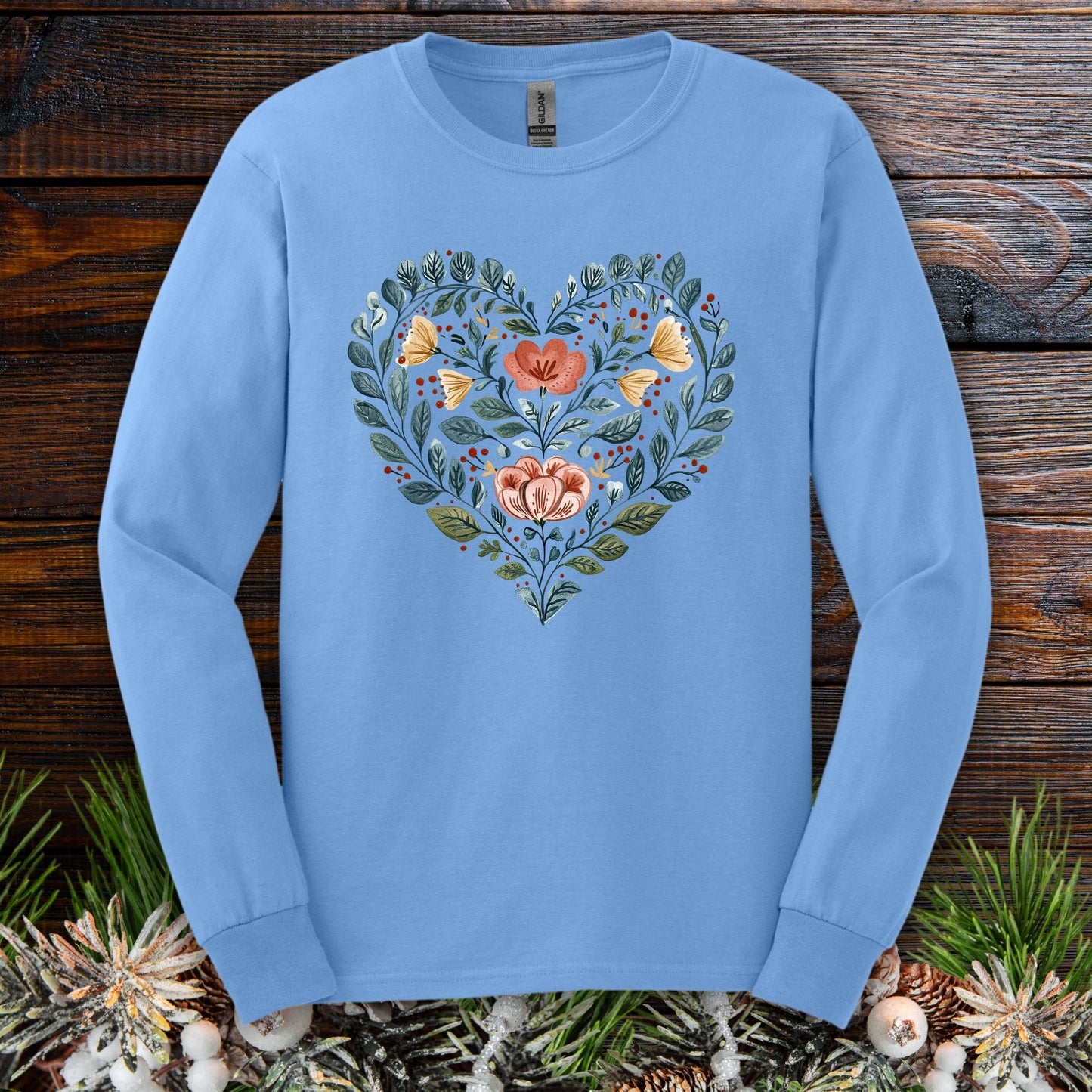 Folk Art Floral Valentine's Heart Long Sleeve Tee
