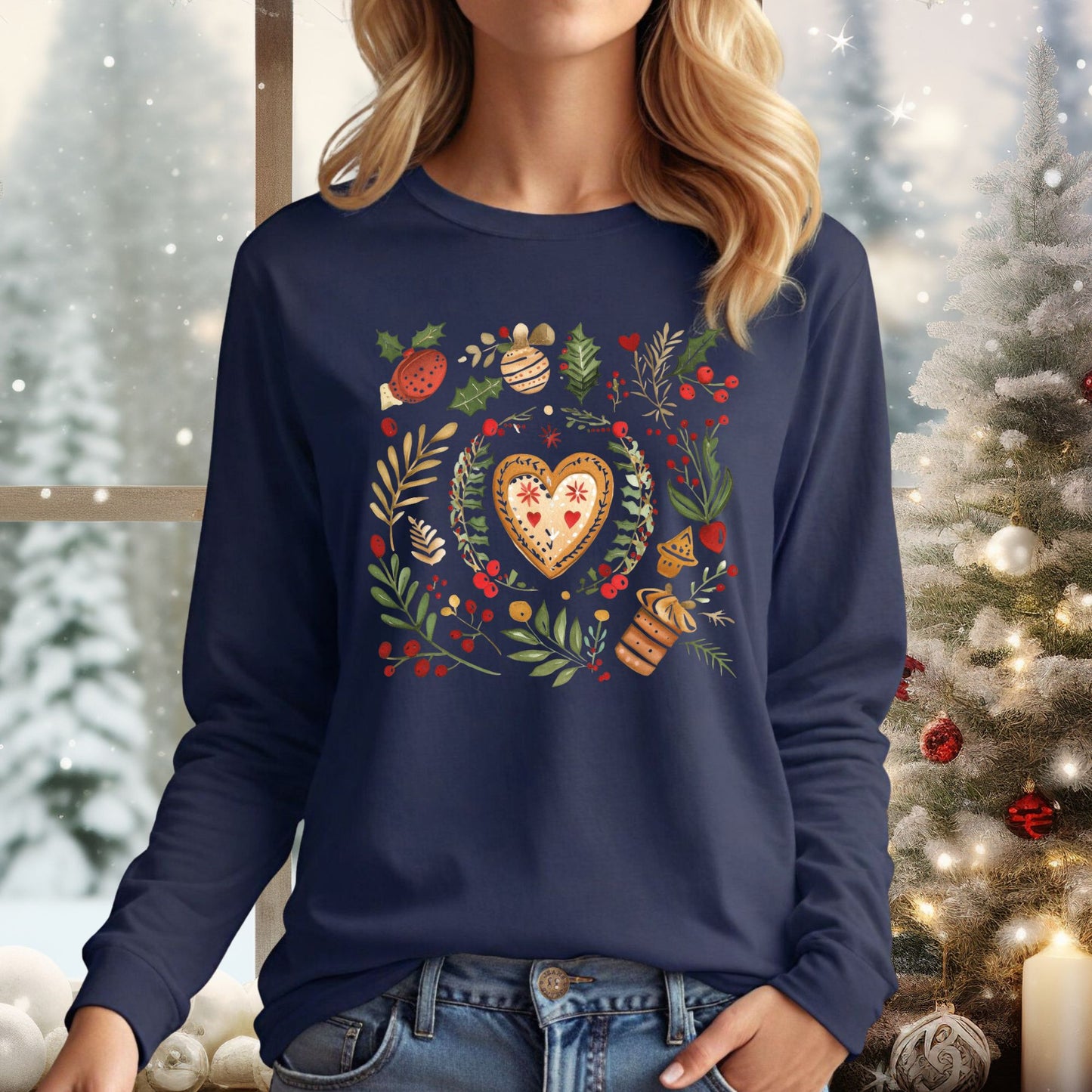 Folk Art Gingerbread Heart Long Sleeve Tee