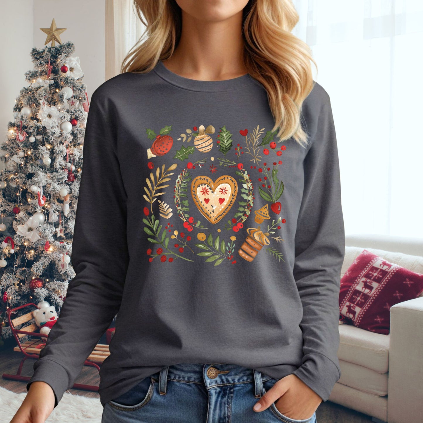 Folk Art Gingerbread Heart Long Sleeve Tee