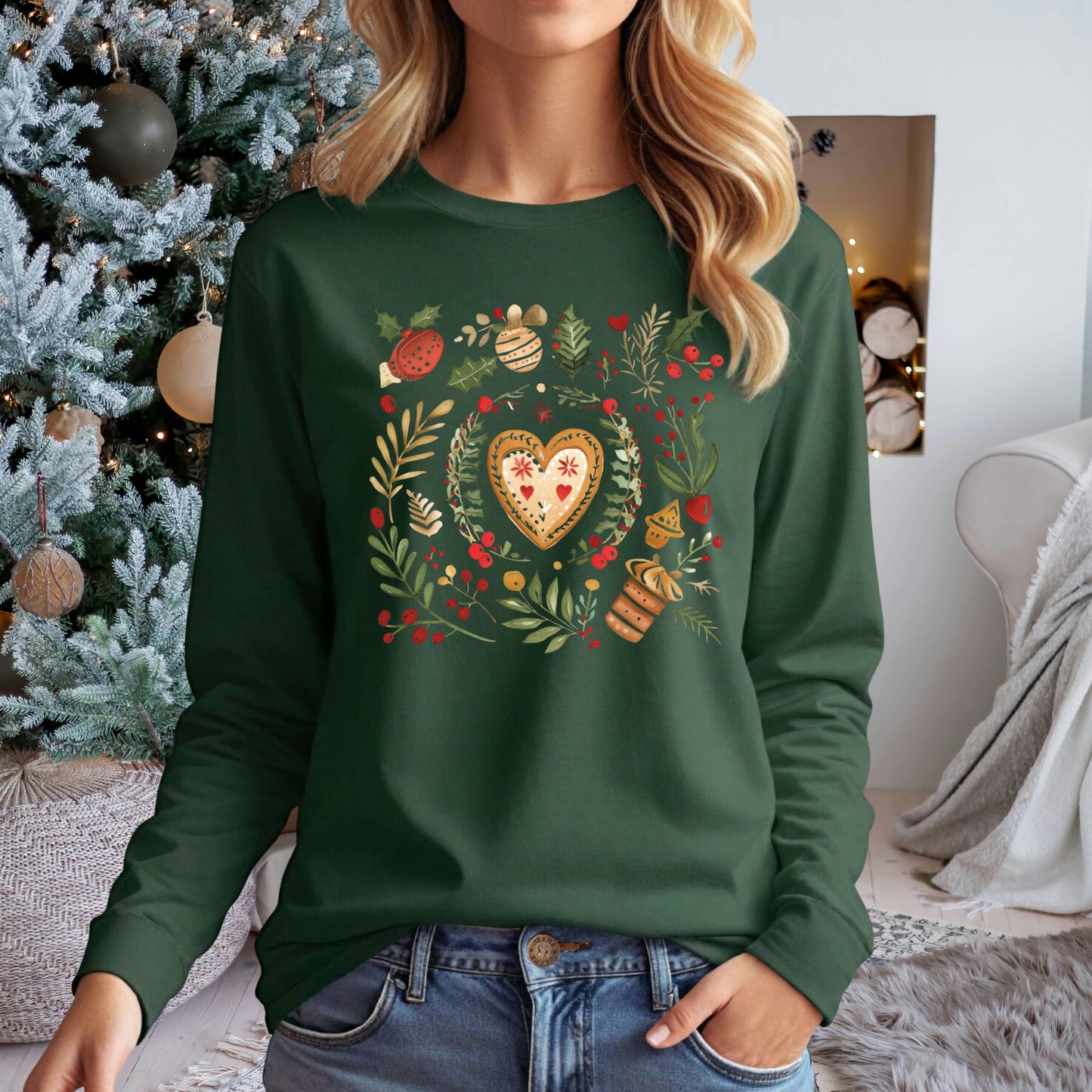 Folk Art Gingerbread Heart Long Sleeve Tee