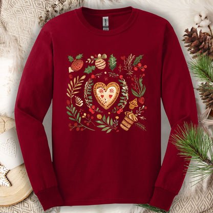 Cardinal Red Gildan Softstyle long sleeve tee with folk art gingerbread heart, holly, and vintage baking design.