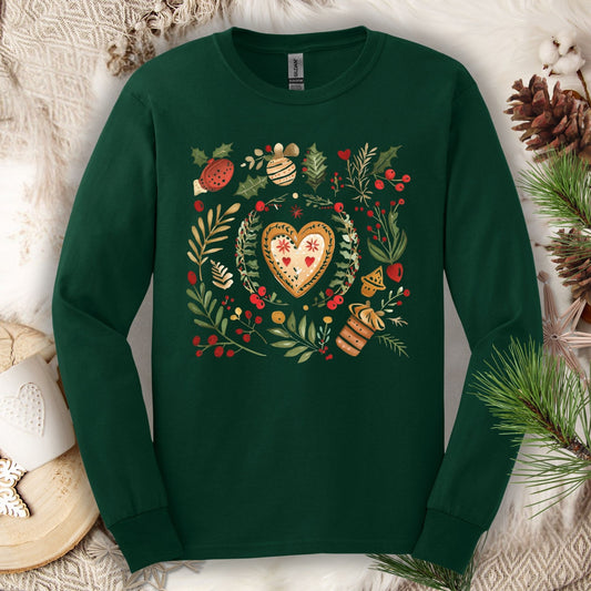 Forest green Gildan Softstyle long sleeve tee with folk art gingerbread heart, holly, and vintage baking design.