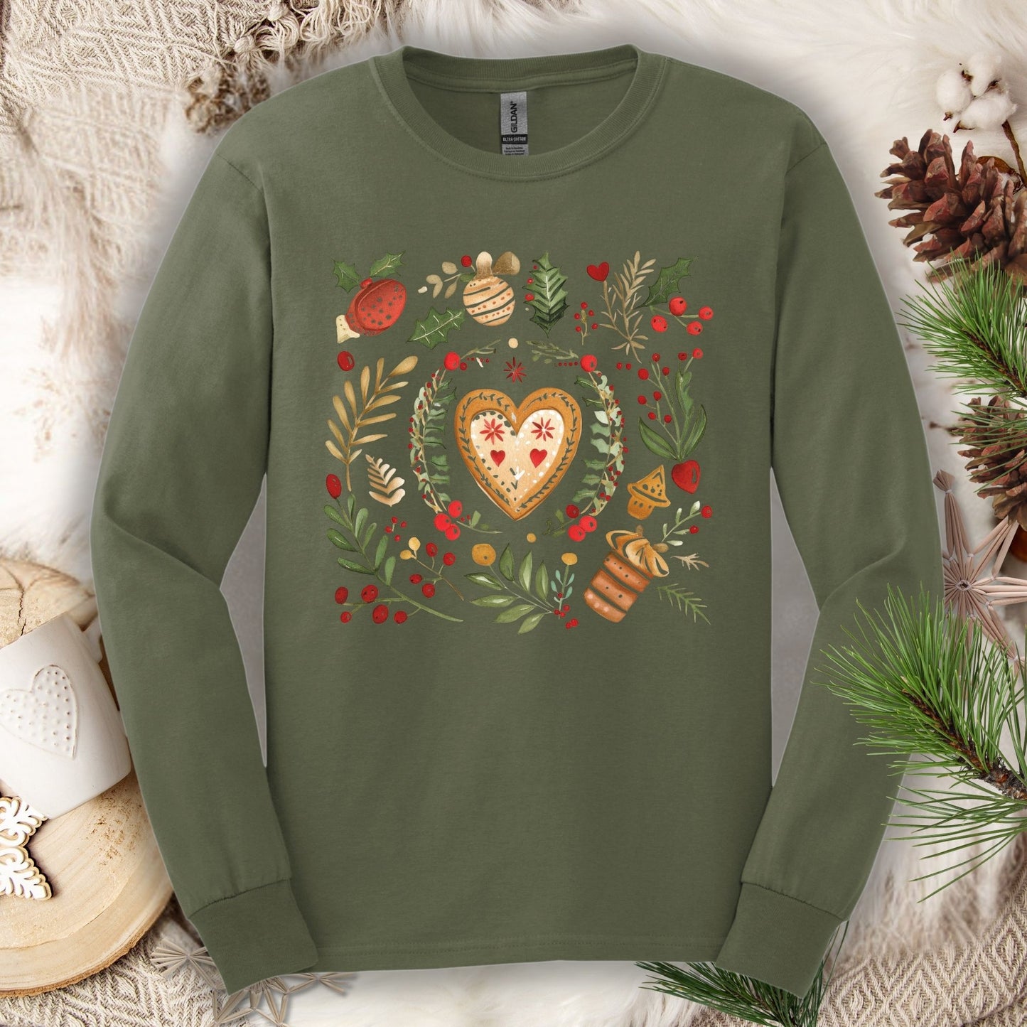 Military Green Gildan Softstyle long sleeve tee with folk art gingerbread heart, holly, and vintage baking design.