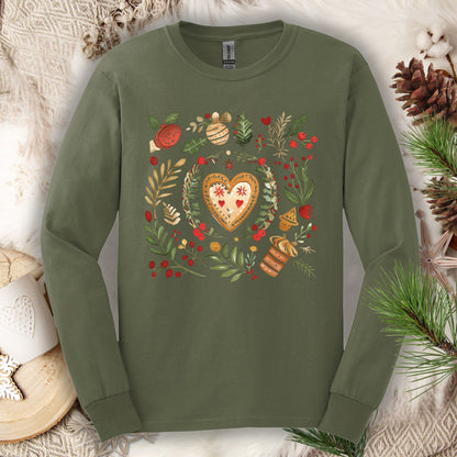 Military Green Gildan Softstyle long sleeve tee with folk art gingerbread heart, holly, and vintage baking design.