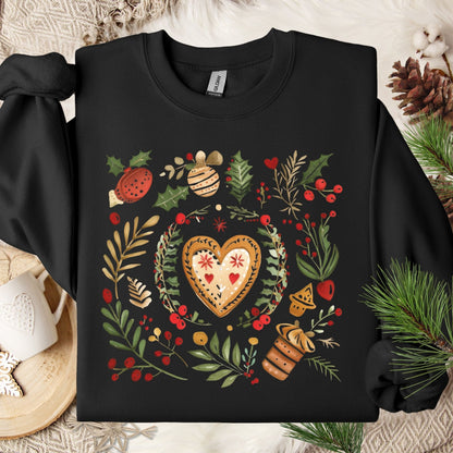 Black S sweatshirt with folk art gingerbread heart, holly, and red berry design.