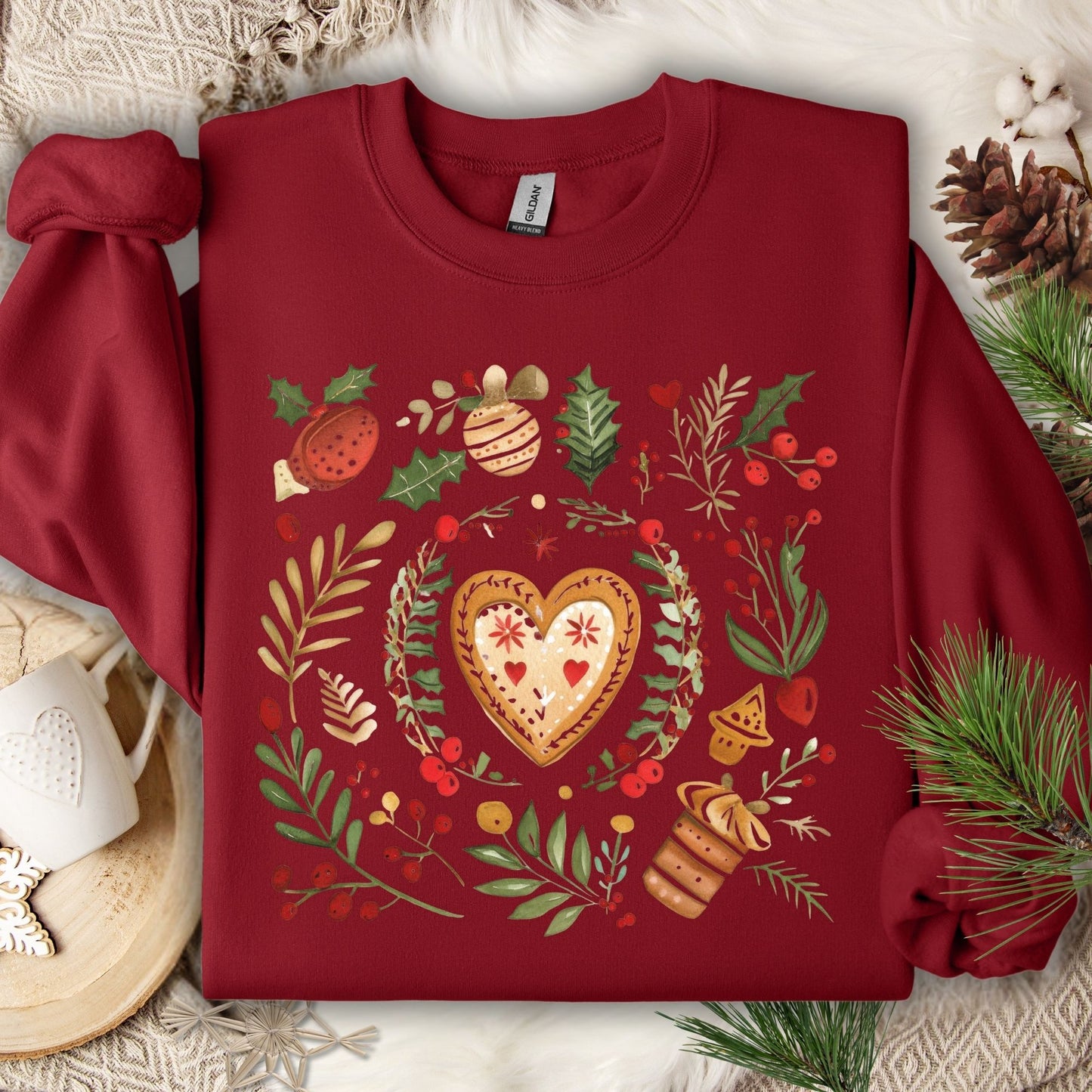 Cardinal Red Folk Art Gingerbread Hearts Sweatshirt, S, with holly and festive greenery on soft fleece.