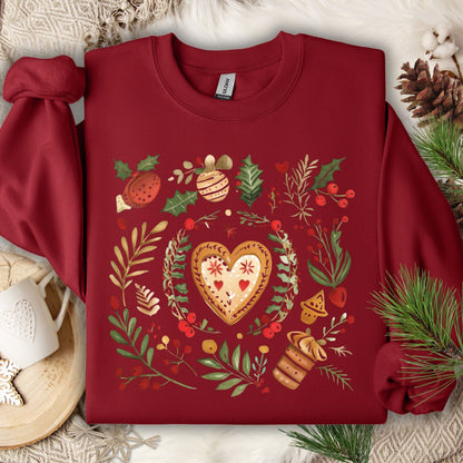 Cardinal Red Folk Art Gingerbread Hearts Sweatshirt, S, with holly and festive greenery on soft fleece.