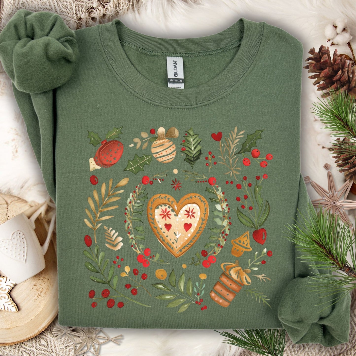 Military Green fleece sweatshirt with folk art gingerbread heart, holly, and red berries.
