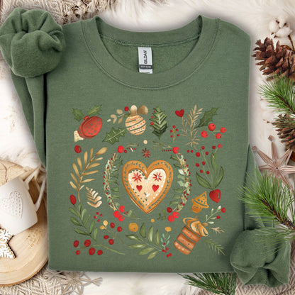 Military Green fleece sweatshirt with folk art gingerbread heart, holly, and red berries.