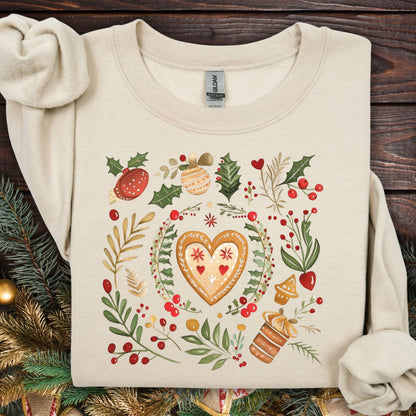 Sand colored fleece sweatshirt with folk art gingerbread heart, holly, and red berry design.