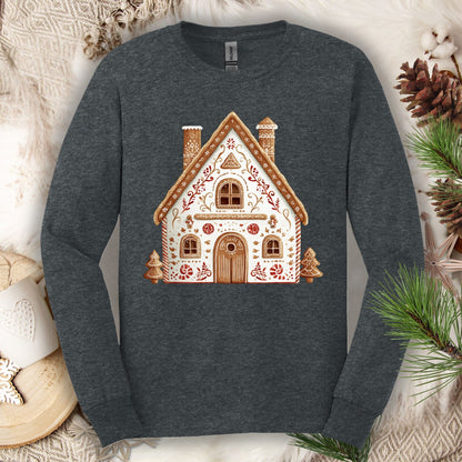 Dark Heather long sleeve tee with a folk art gingerbread house design in watercolor tones.