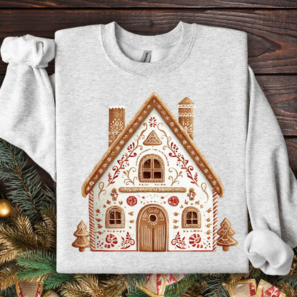 Ash Gildan sweatshirt with a folk art gingerbread house design.