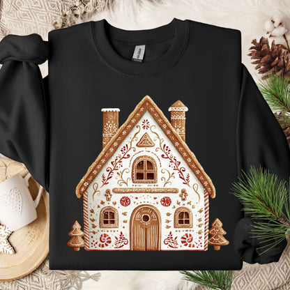 Black Gildan sweatshirt with a folk art gingerbread house design.