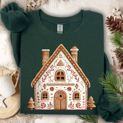 Forest Green Gildan sweatshirt with a folk art gingerbread house design, surrounded by pinecones and greenery.