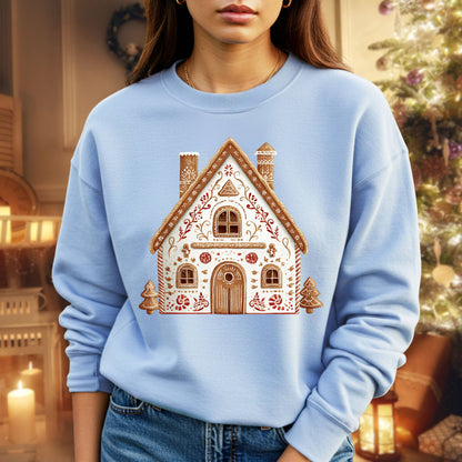 Light blue Gildan sweatshirt with a folk art gingerbread house design, featuring delicate details and soft watercolor tones.