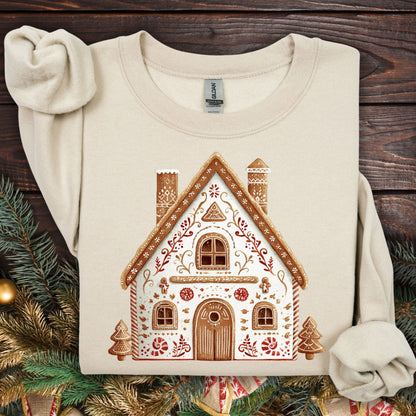 Sand Gildan sweatshirt with a folk art gingerbread house design, featuring delicate details and watercolor tones.