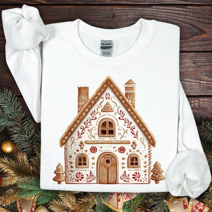 White Gildan sweatshirt with a folk art gingerbread house design, surrounded by festive greenery.