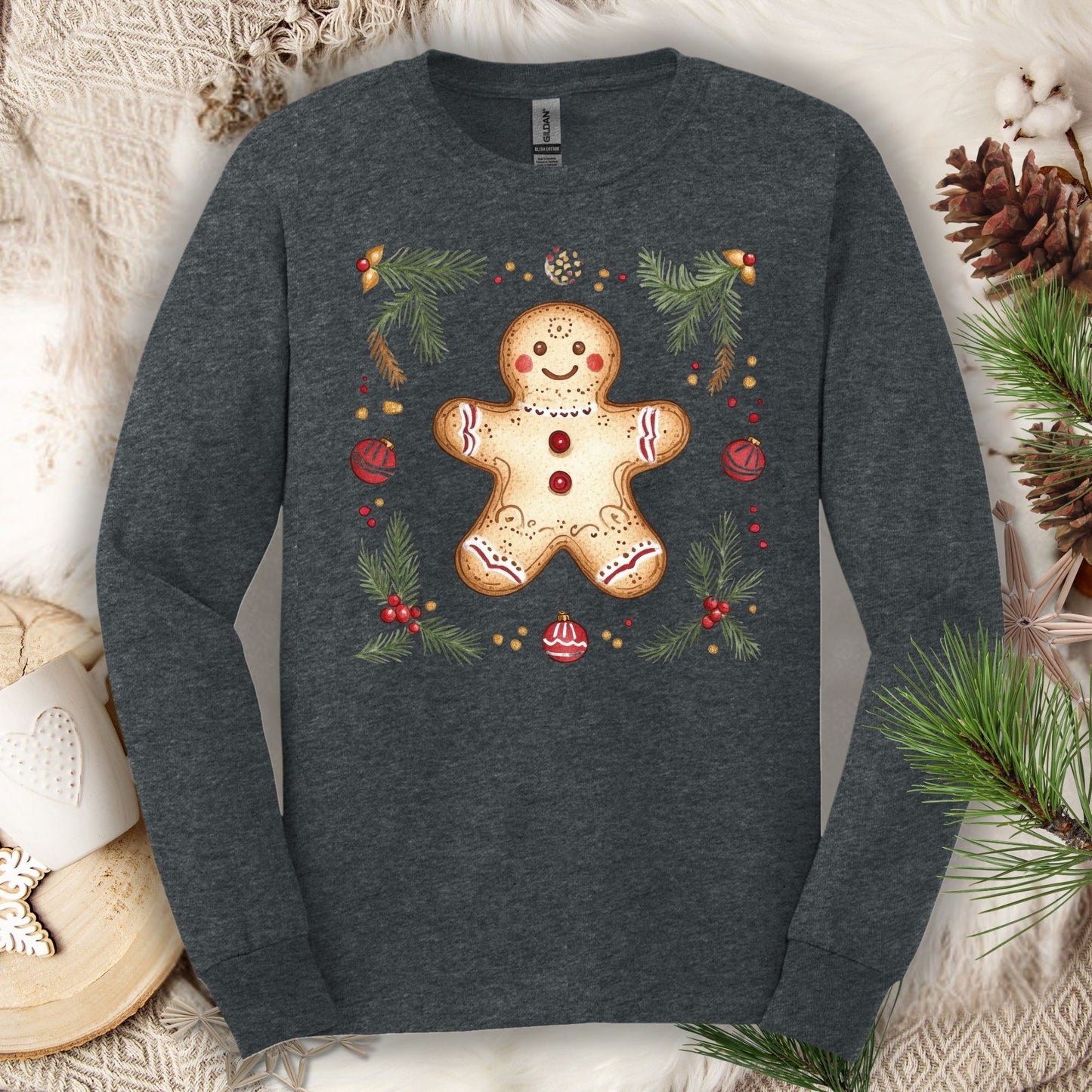 Dark Heather long sleeve tee with folk art gingerbread man, pine, and ornaments.
