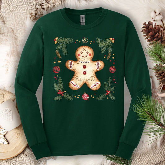 Forest Green S long sleeve tee with folk art gingerbread man, pine, and ornaments.
