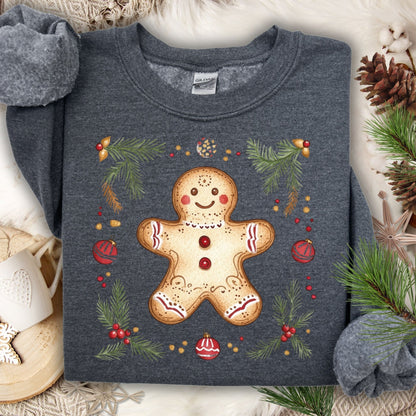 Dark gray Gildan sweatshirt with a folk art gingerbread man, holly, and evergreen design.