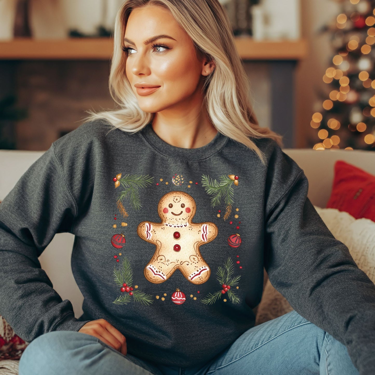 Blonde woman wearing a dark gray Gildan sweatshirt with a folk art gingerbread man, holly, and evergreen design.