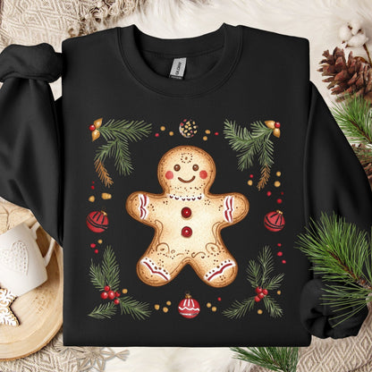 Black Gildan sweatshirt with folk art gingerbread man, holly, and evergreen design.