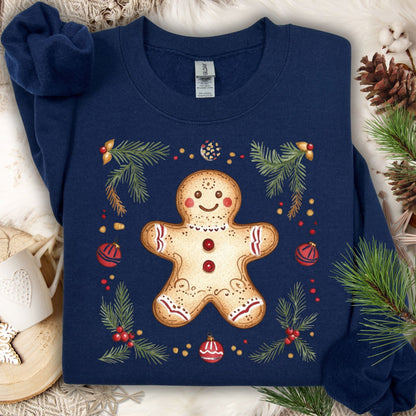 Navy Gildan sweatshirt with folk art gingerbread man, holly, and evergreen design.