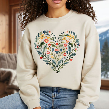 Folk Art Green & Red Rose Heart Sweatshirt