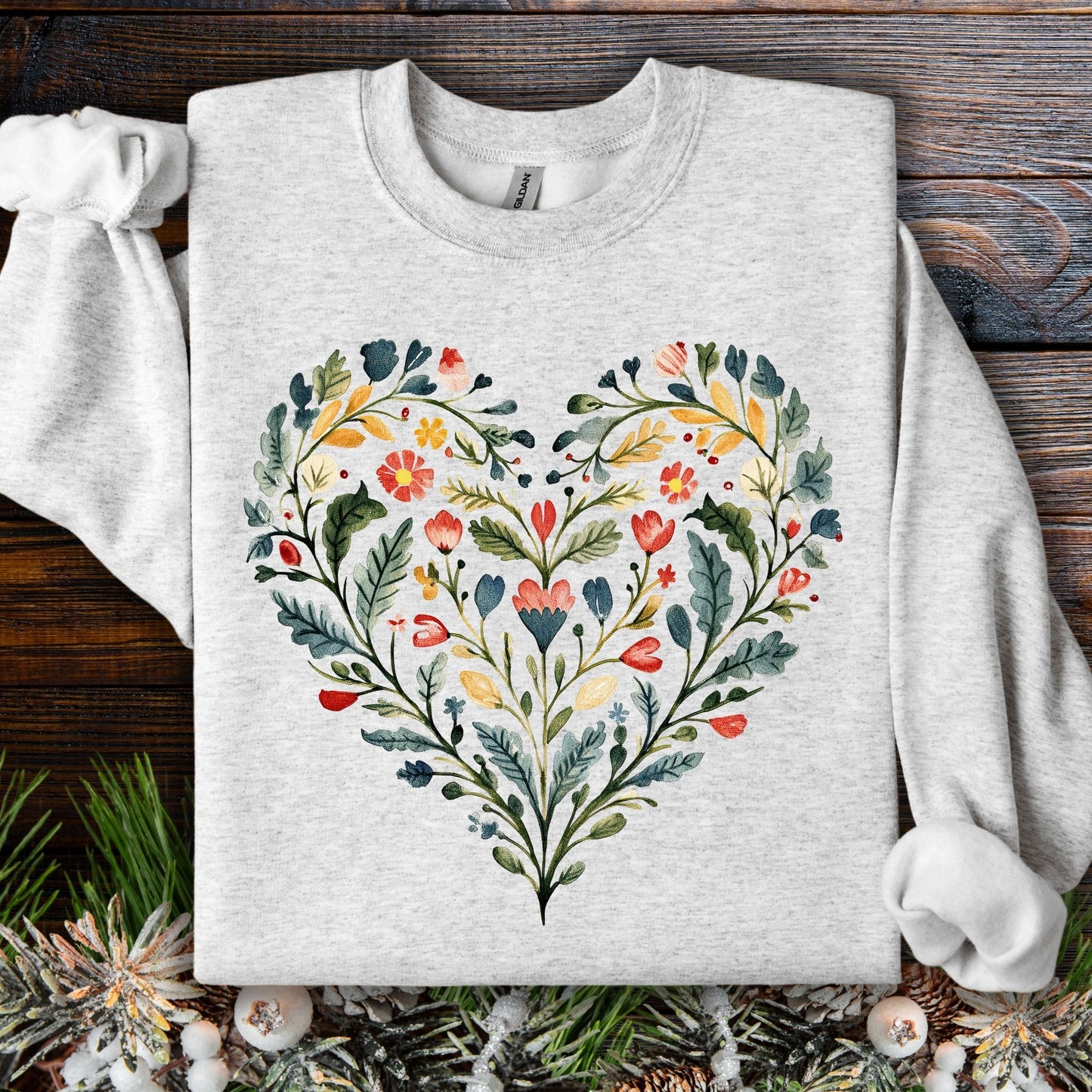 Folk Art Green & Red Rose Heart Sweatshirt