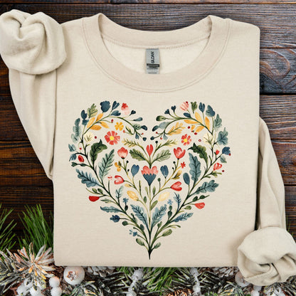 Folk Art Green & Red Rose Heart Sweatshirt