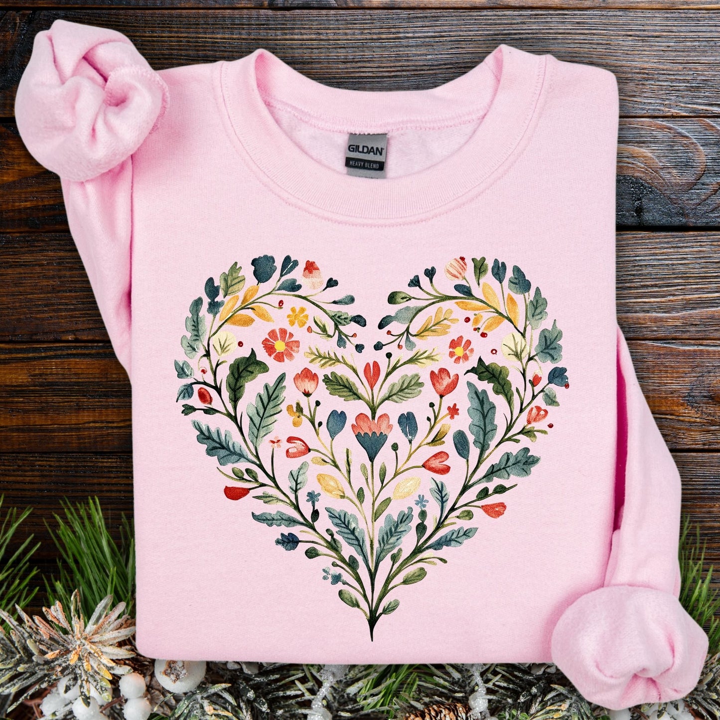 Folk Art Green & Red Rose Heart Sweatshirt