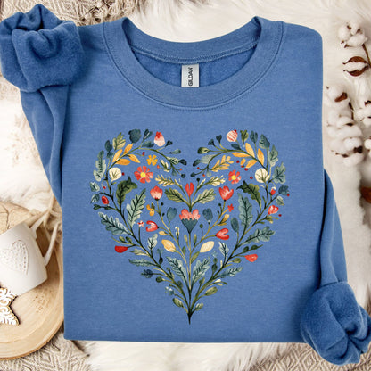 Folk Art Green & Red Rose Heart Sweatshirt