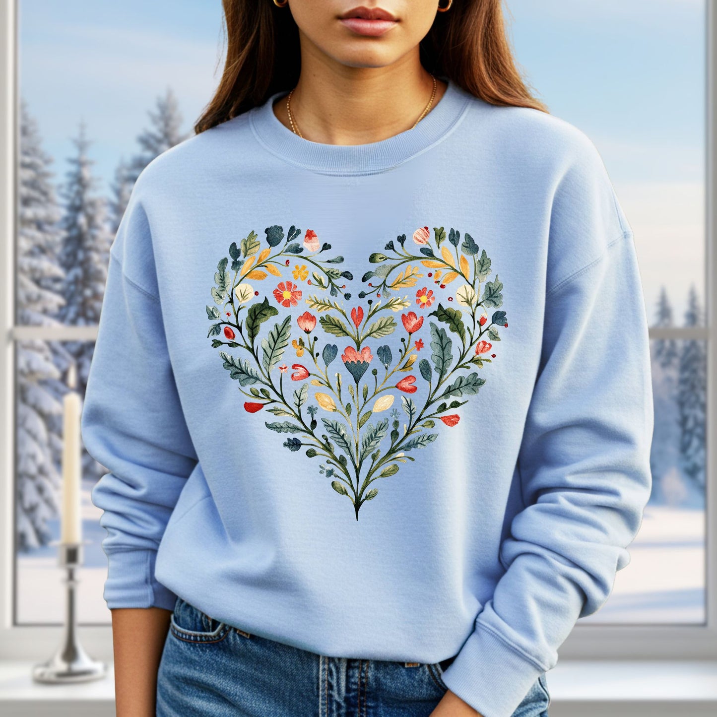 Folk Art Green & Red Rose Heart Sweatshirt