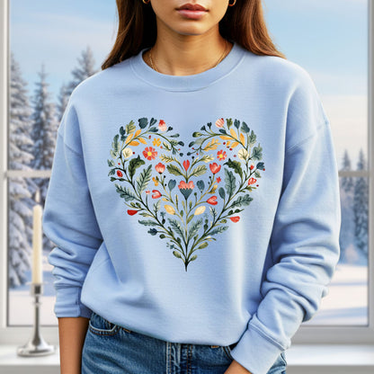 Folk Art Green & Red Rose Heart Sweatshirt