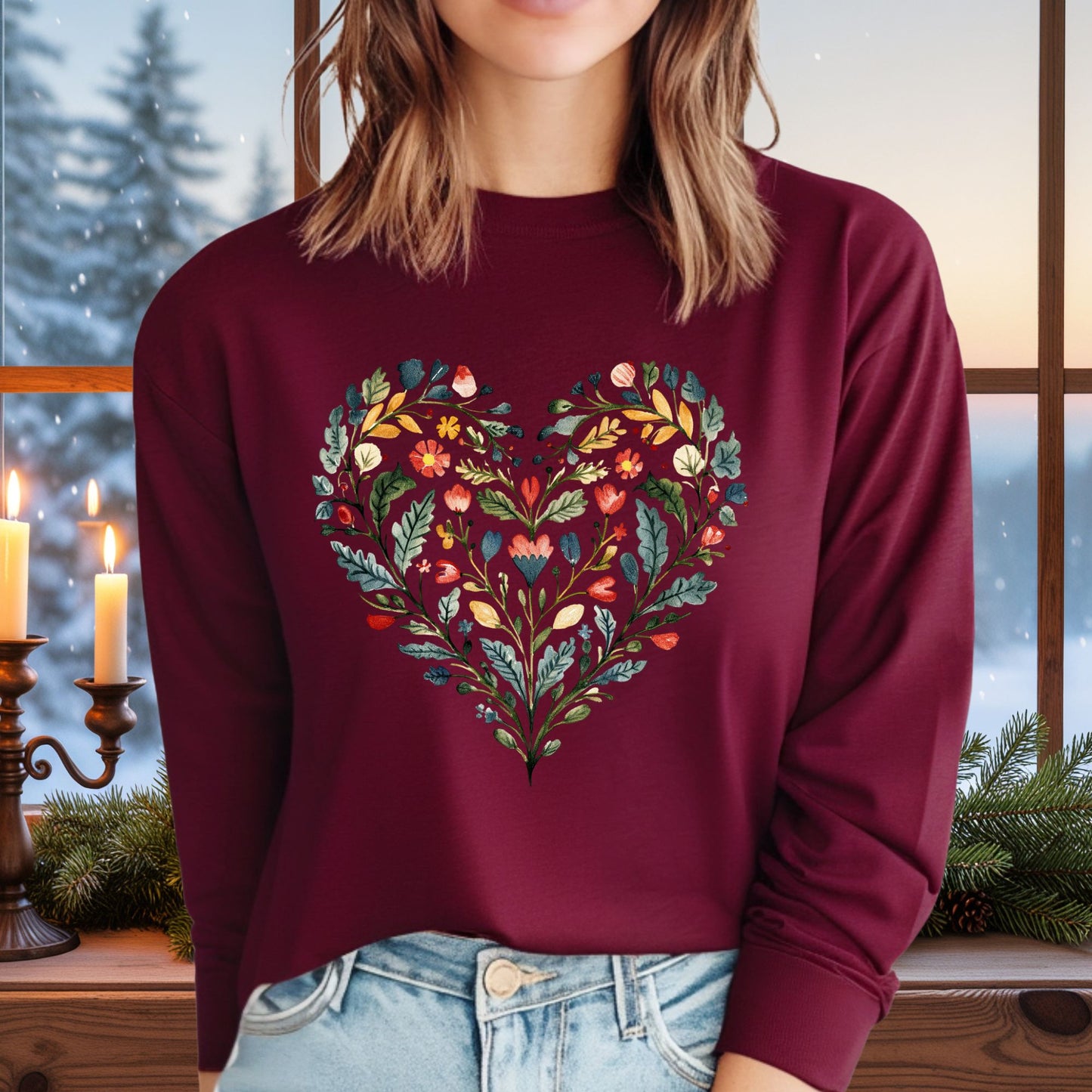 Folk Art Green and Red Rose Heart Long Sleeve Tee