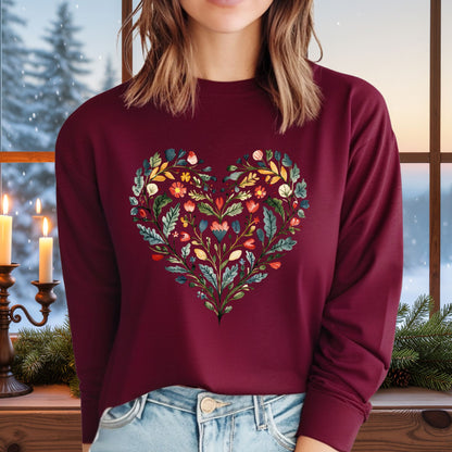 Folk Art Green and Red Rose Heart Long Sleeve Tee