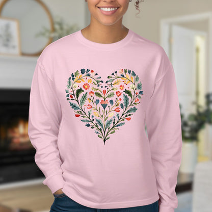 Folk Art Green and Red Rose Heart Long Sleeve Tee