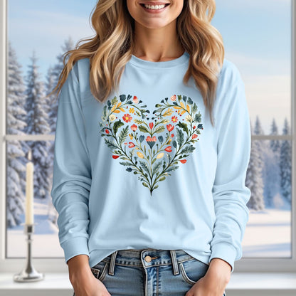 Folk Art Green and Red Rose Heart Long Sleeve Tee