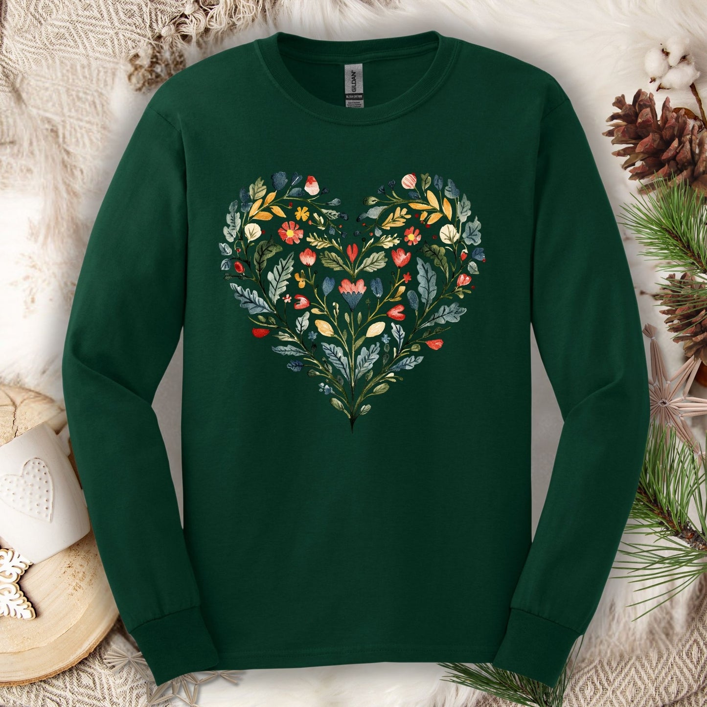 Folk Art Green and Red Rose Heart Long Sleeve Tee